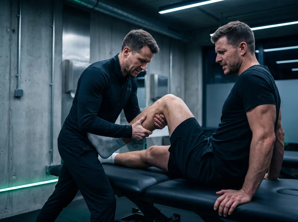 Personal trainer helping a man exercise