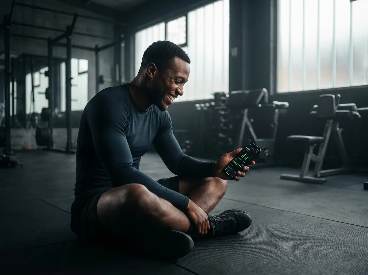 Man sitting in the gym looking at the Befit app.
