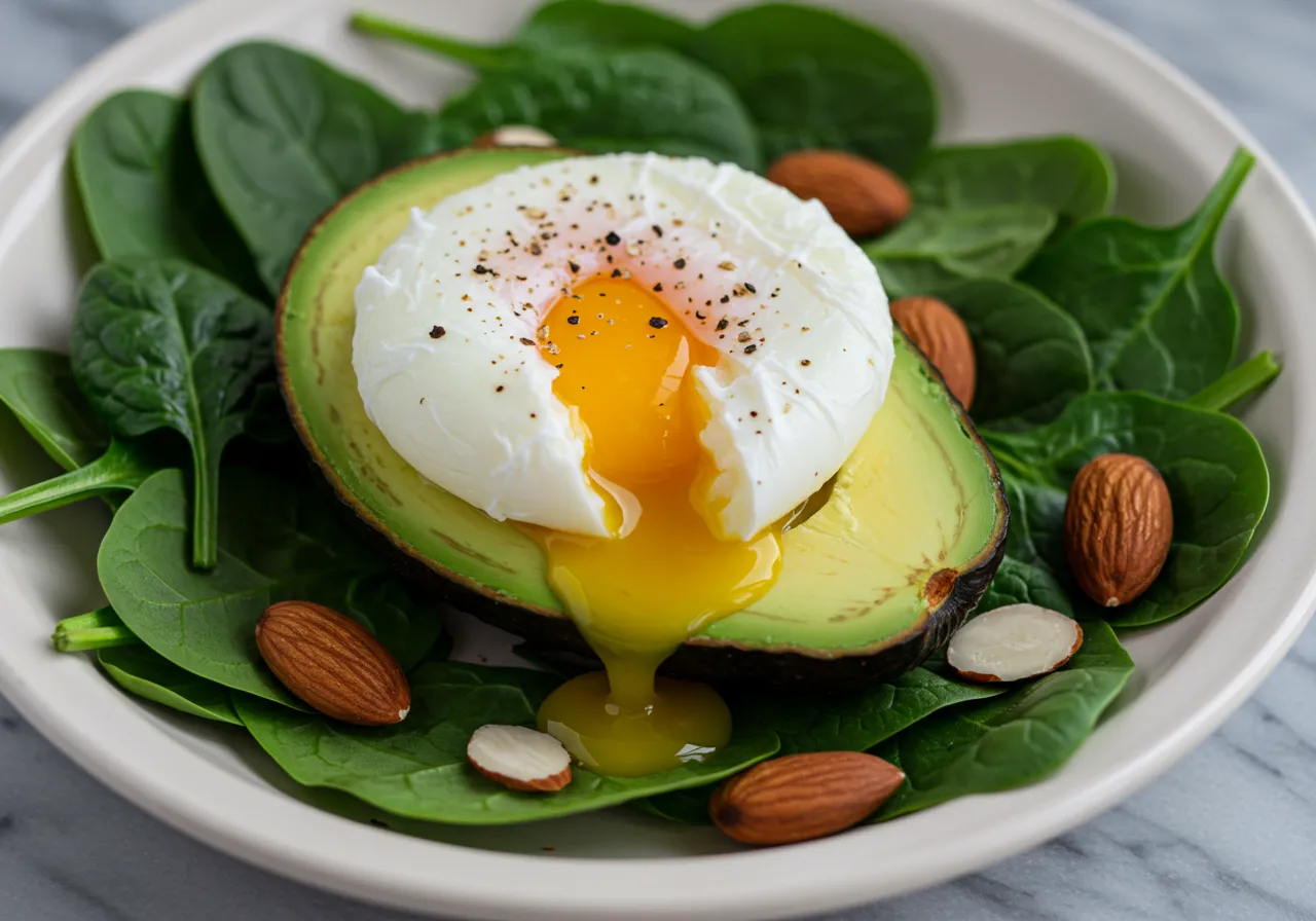 A flat lay of various foods that increase testosterone, including salmon, eggs, spinach, and avocados.
