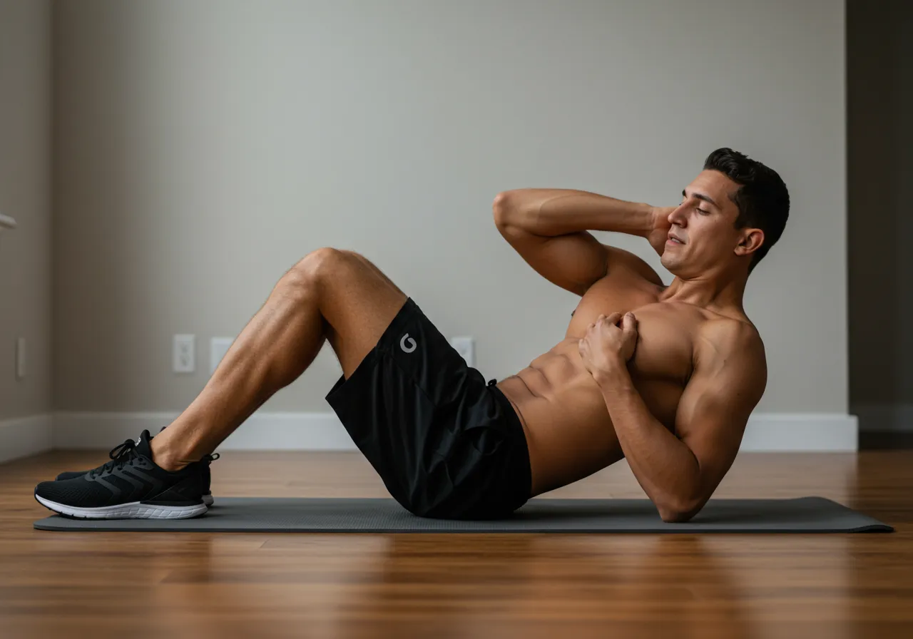 A fitness enthusiast demonstrating the correct form for the bicycle crunch exercise.