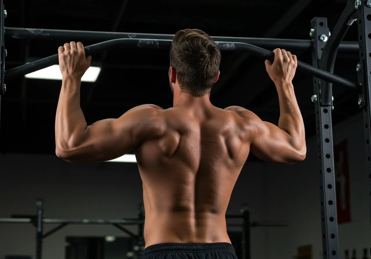 Homem forte aprendendo como fazer pull up em uma barra fixa na academia