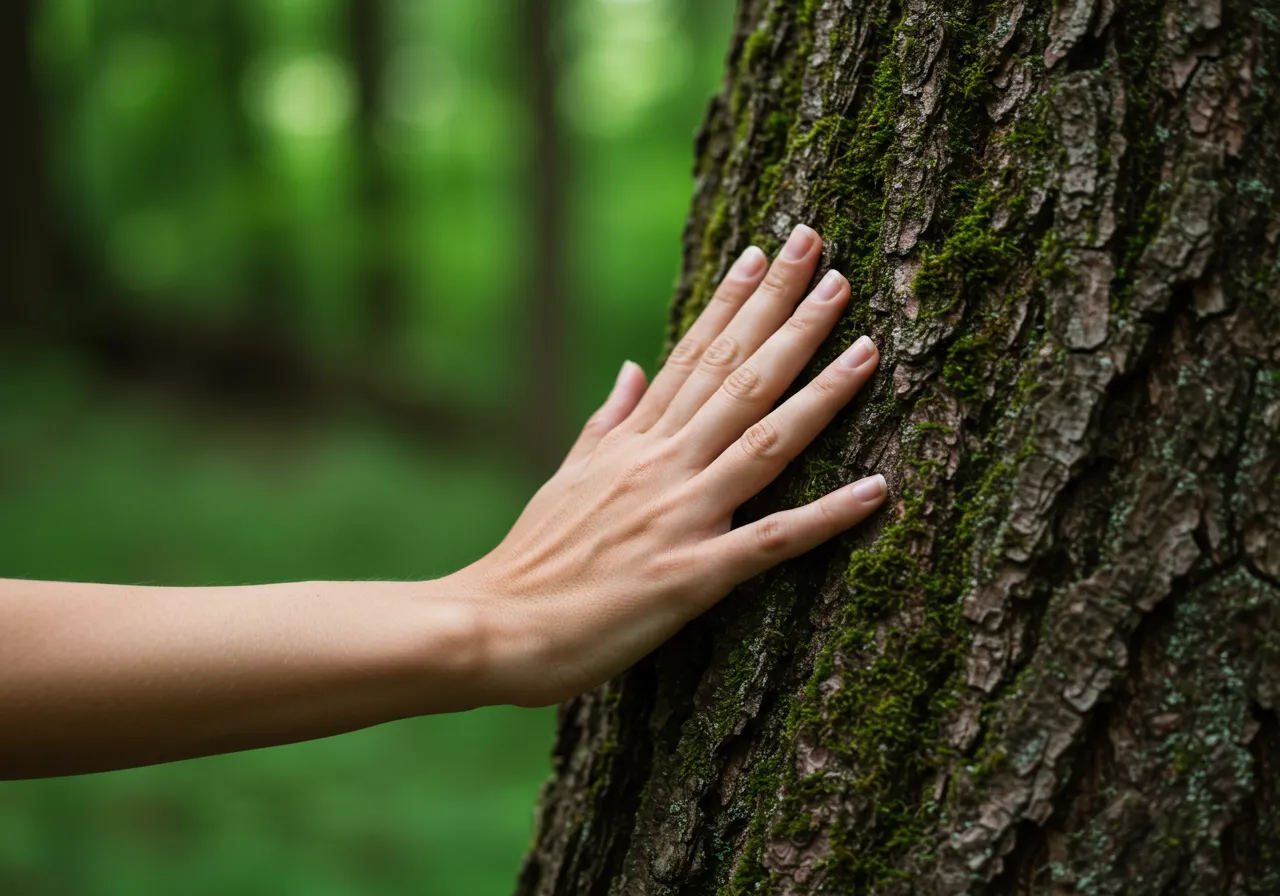 A person practicing forest bathing by mindfully touching the bark of a tree in a sunlit forest.