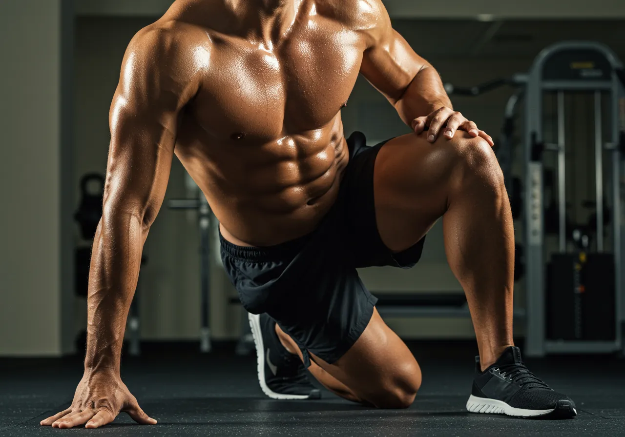 A fitness enthusiast demonstrating the correct form for a mountain climber exercise