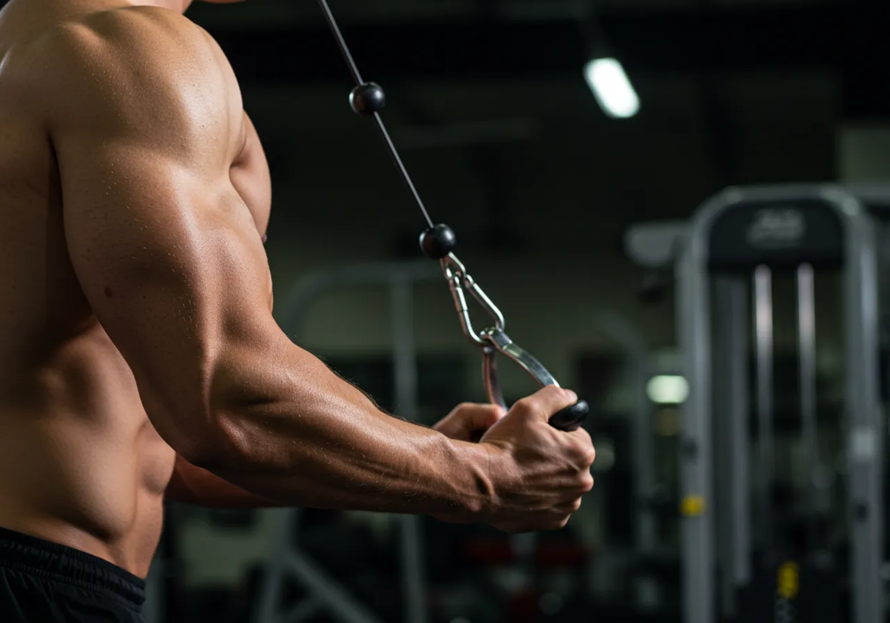 A person performing a triceps exercise to demonstrate what is the triceps muscle