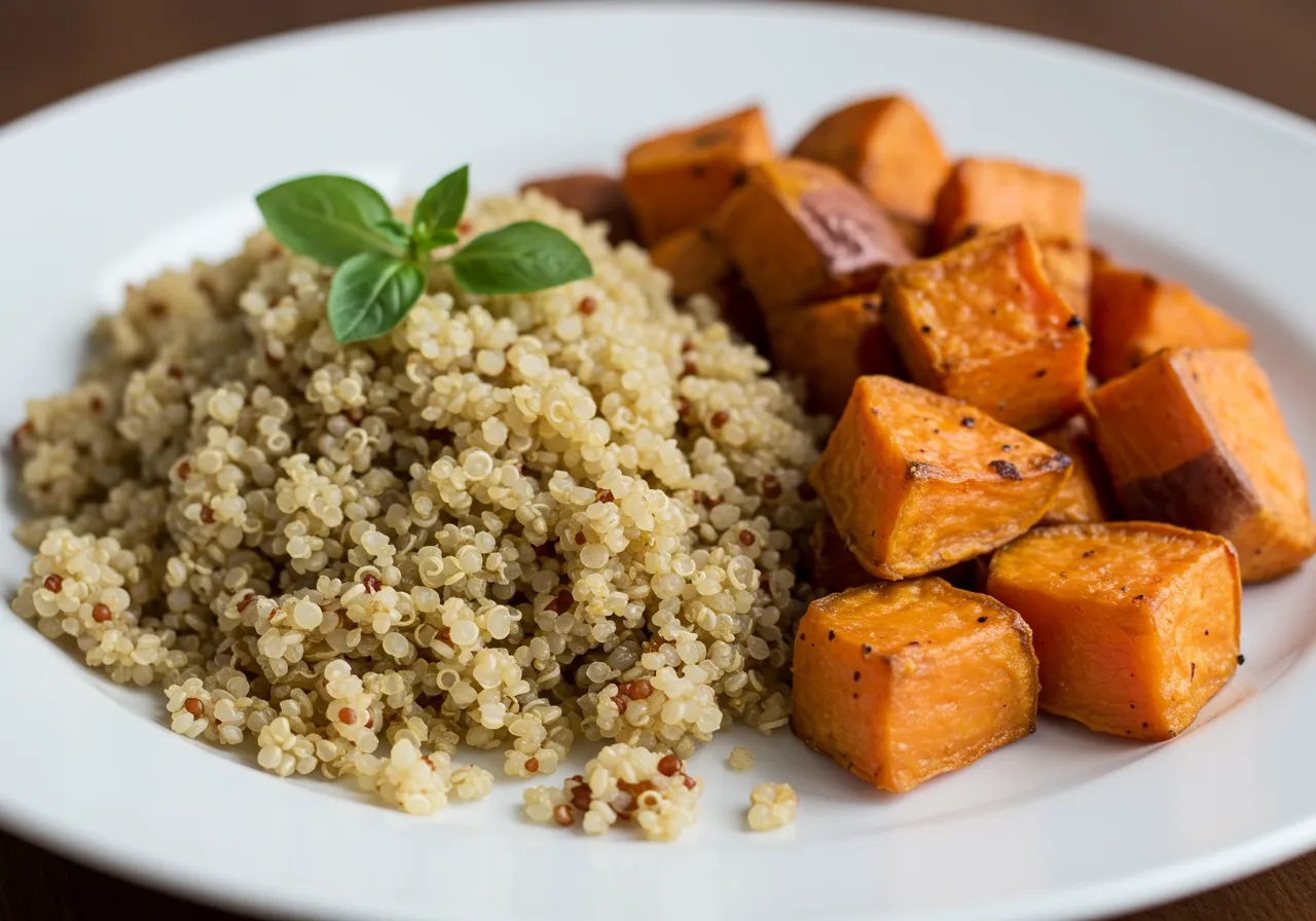 Uma tigela com várias fontes de o que são carboidratos complexos, como batata-doce, quinoa e brócolis.