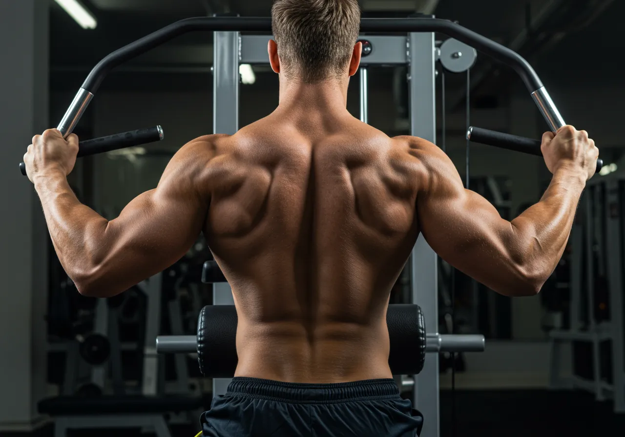 Homem realizando um exercício para posterior de ombro com halteres em uma academia.