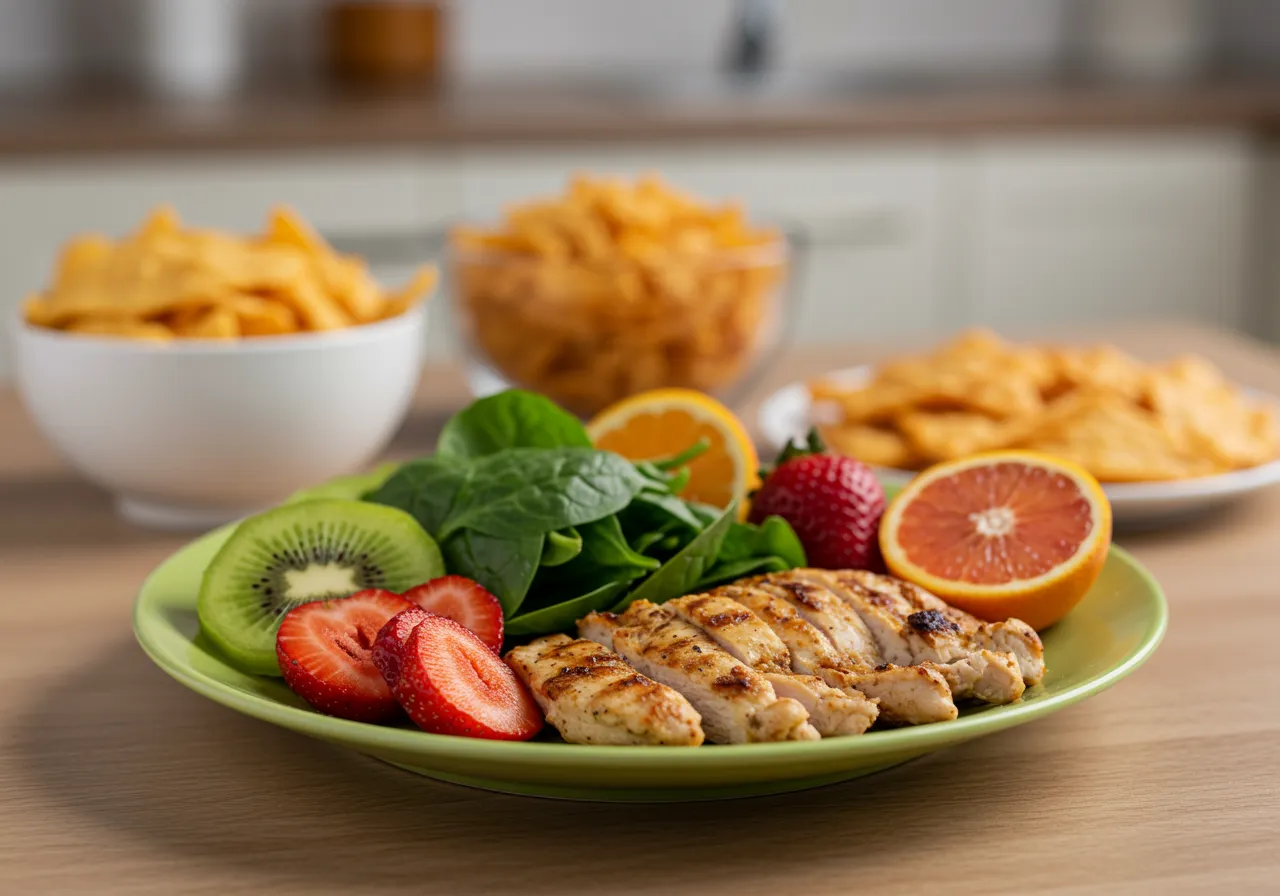 A colorful arrangement of healthy and unhealthy food items on a split background to illustrate the concept.