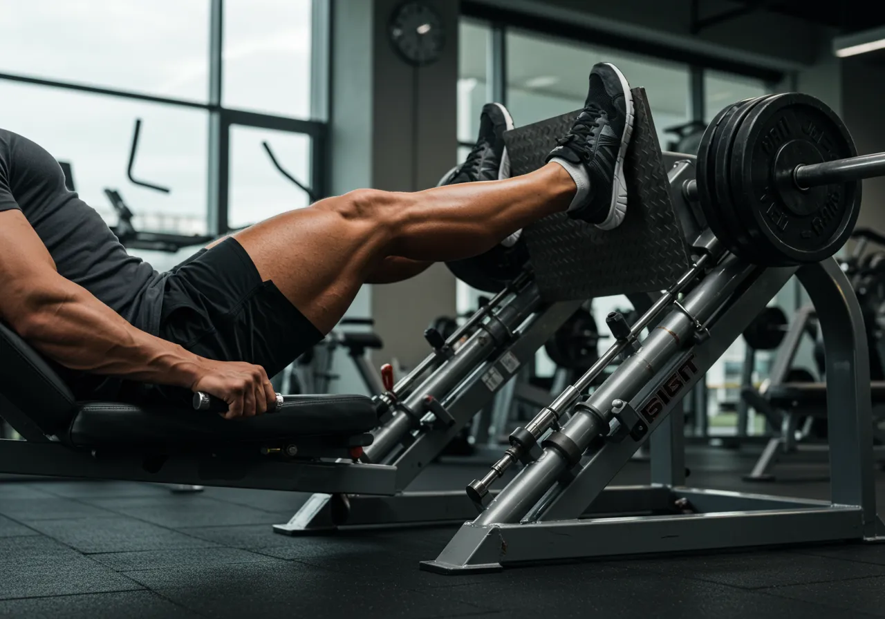 A person using a leg press machine, demonstrating one of the many leg machine names in a gym.