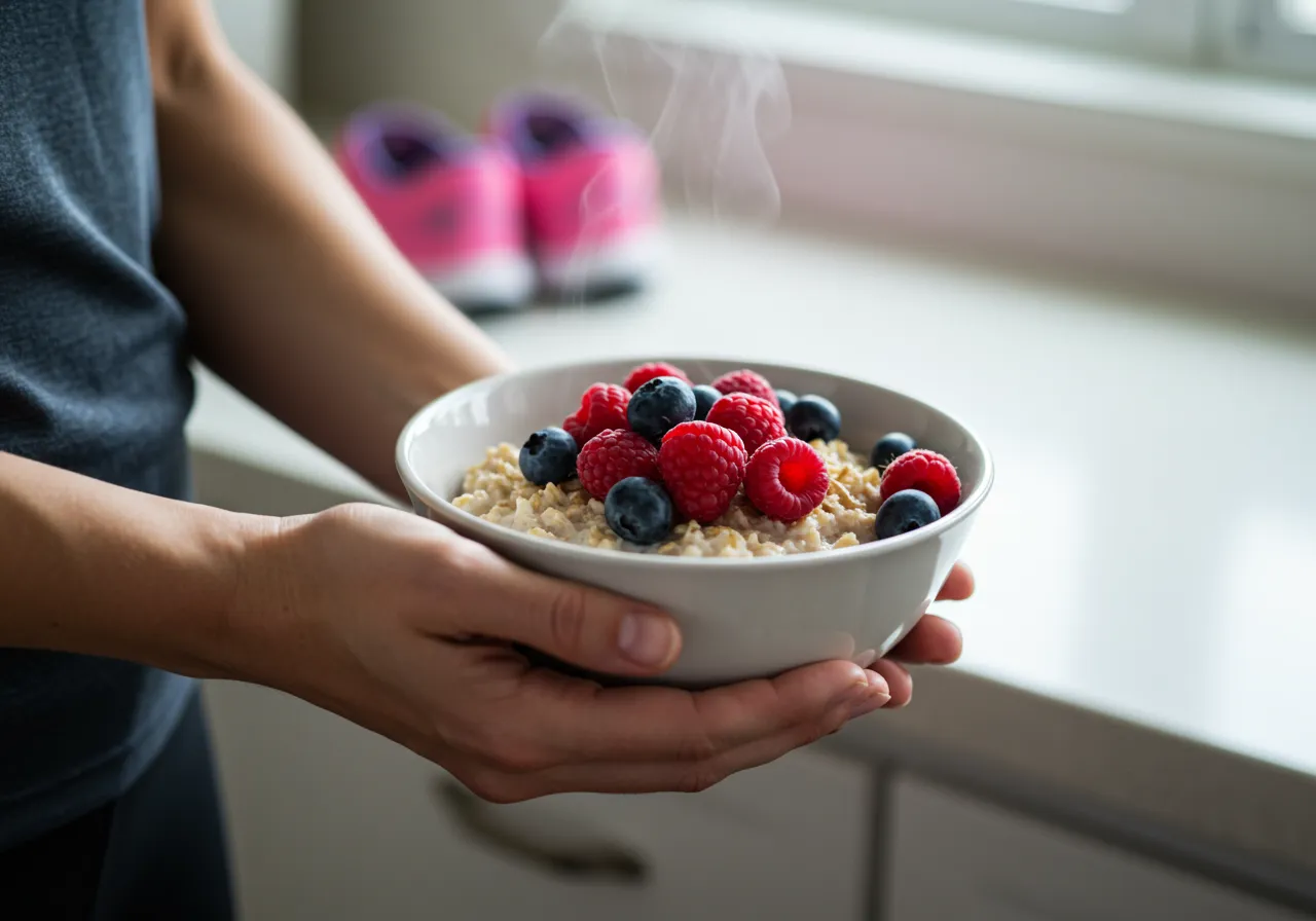 Uma tigela de aveia com frutas, um exemplo de o que comer antes de correr.