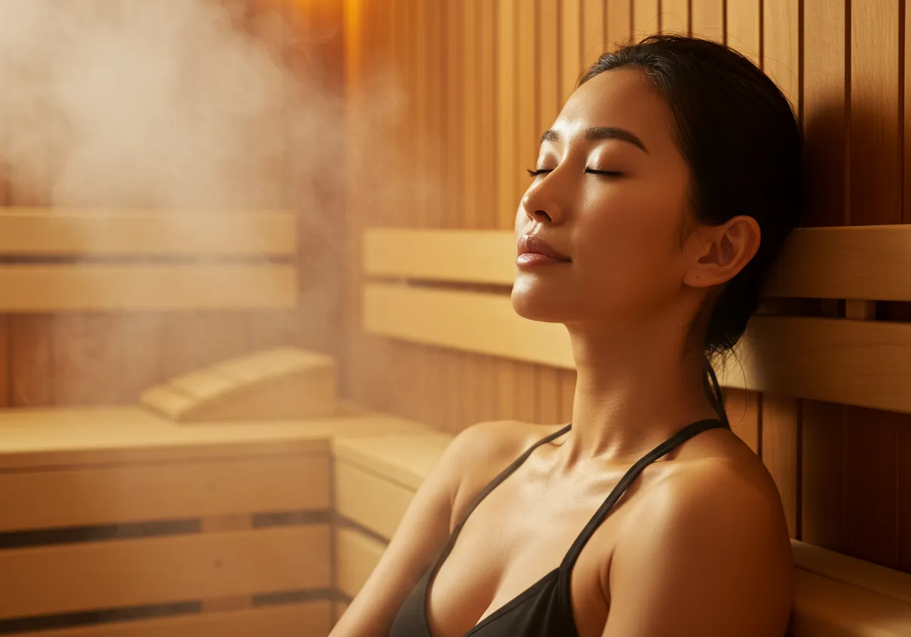 A person relaxing in a wooden sauna to gain sauna benefits for health and wellness.