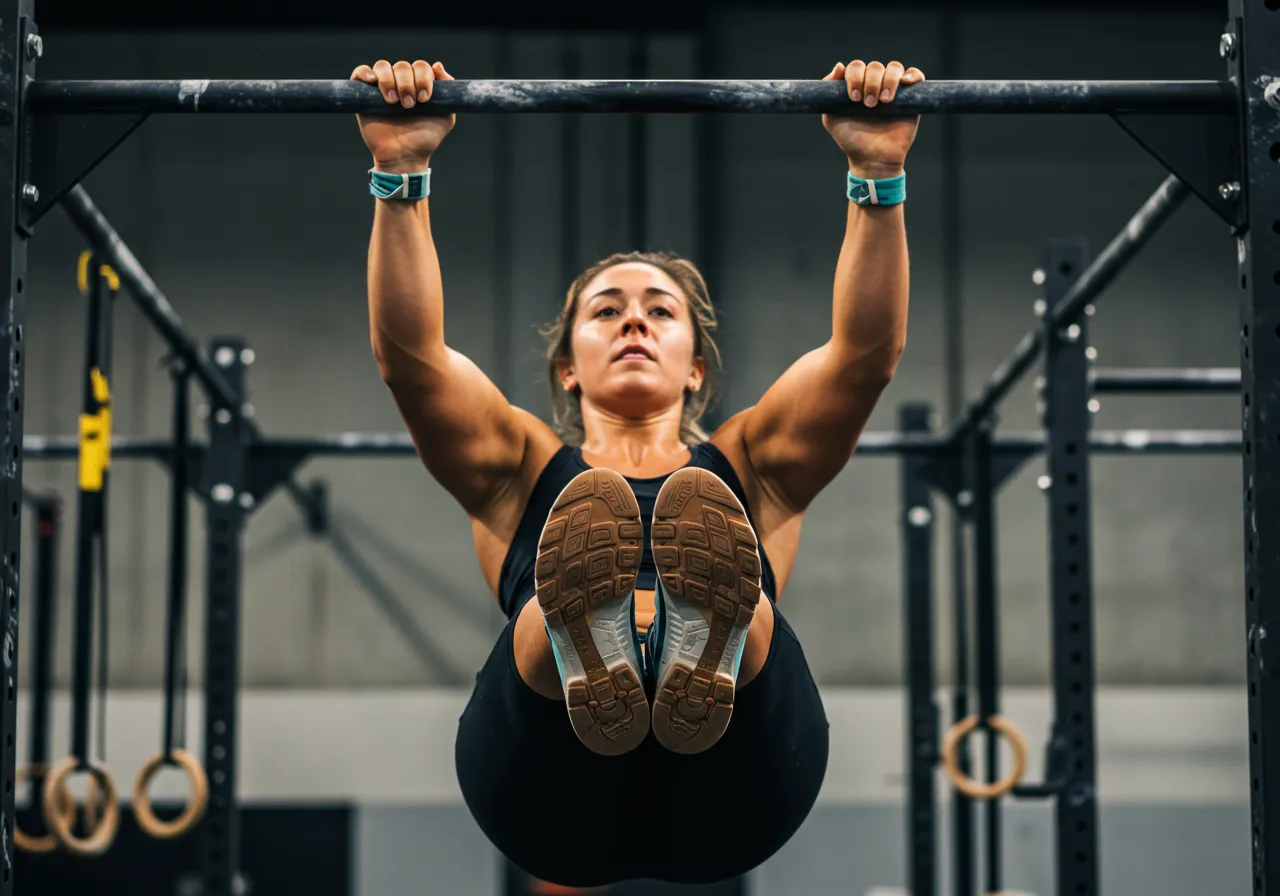 Atleta executando o movimento t2b crossfit com técnica.