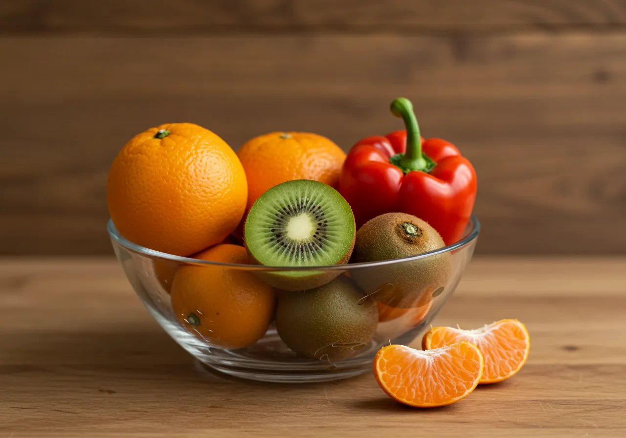 Uma variedade de alimentos com vitamina c, como laranjas, pimentões e brócolis.