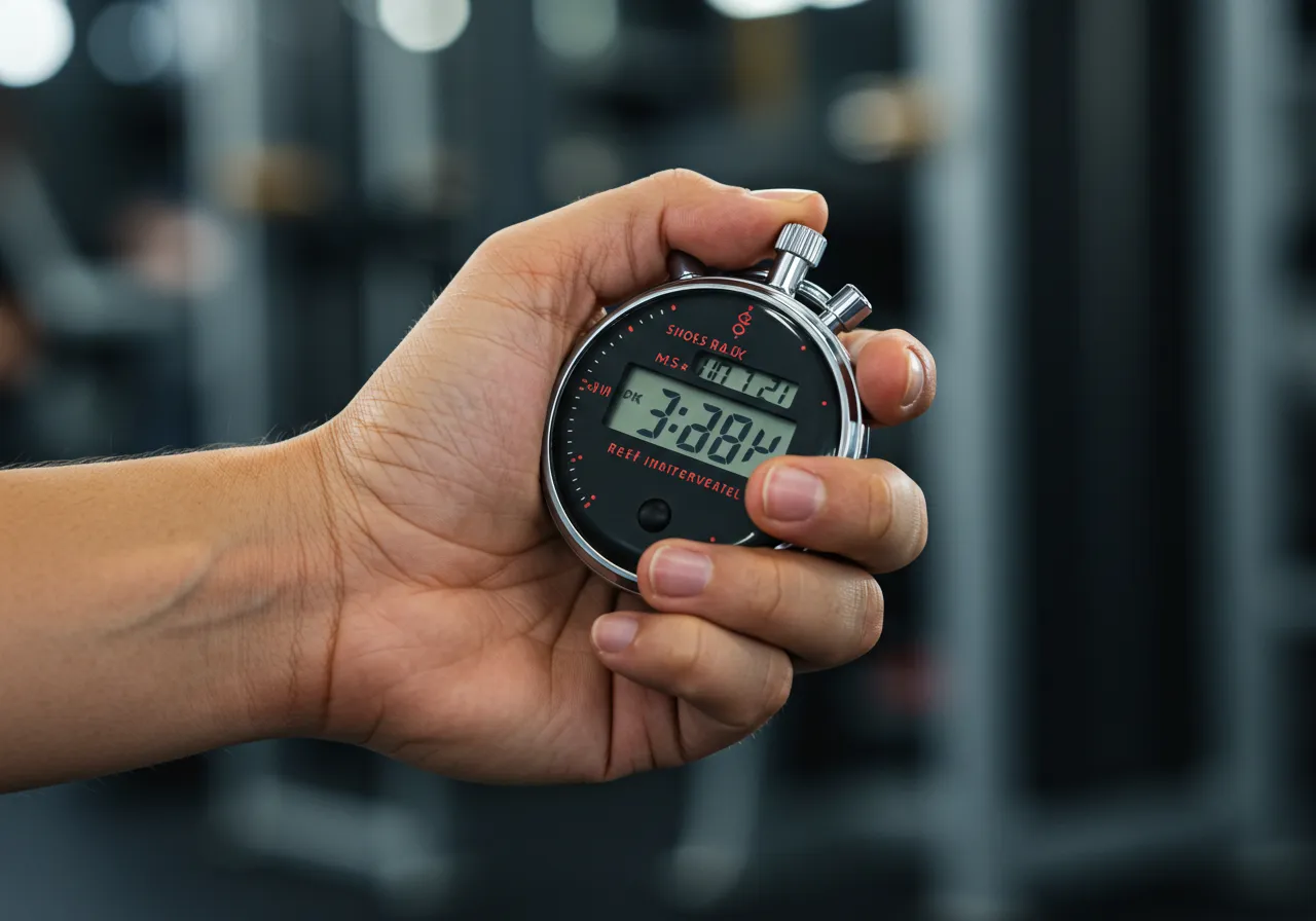 A person at the gym checking their watch to time the rest time between sets.