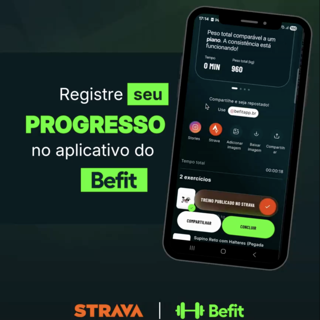 Processo de integração do Strava ao finalizar o treino no Befit