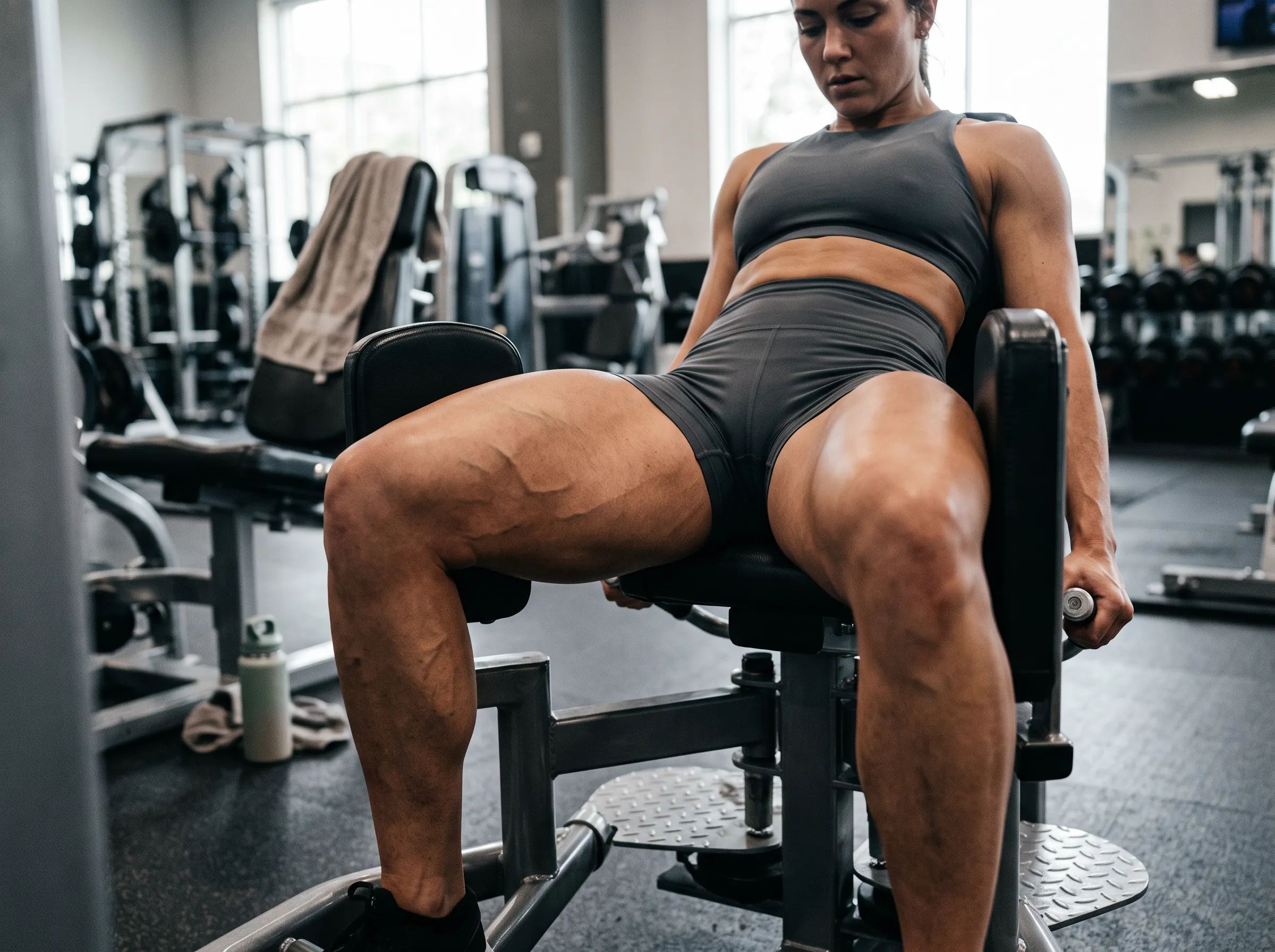 A fitness enthusiast focusing on proper form while using the adductor machine at the gym