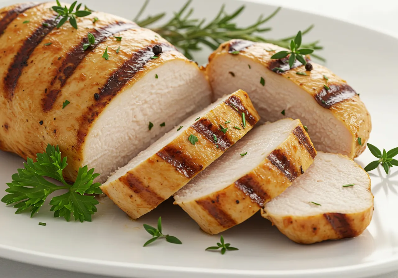 Prato com filé de frango grelhado e salada, representando as carnes magras para dieta