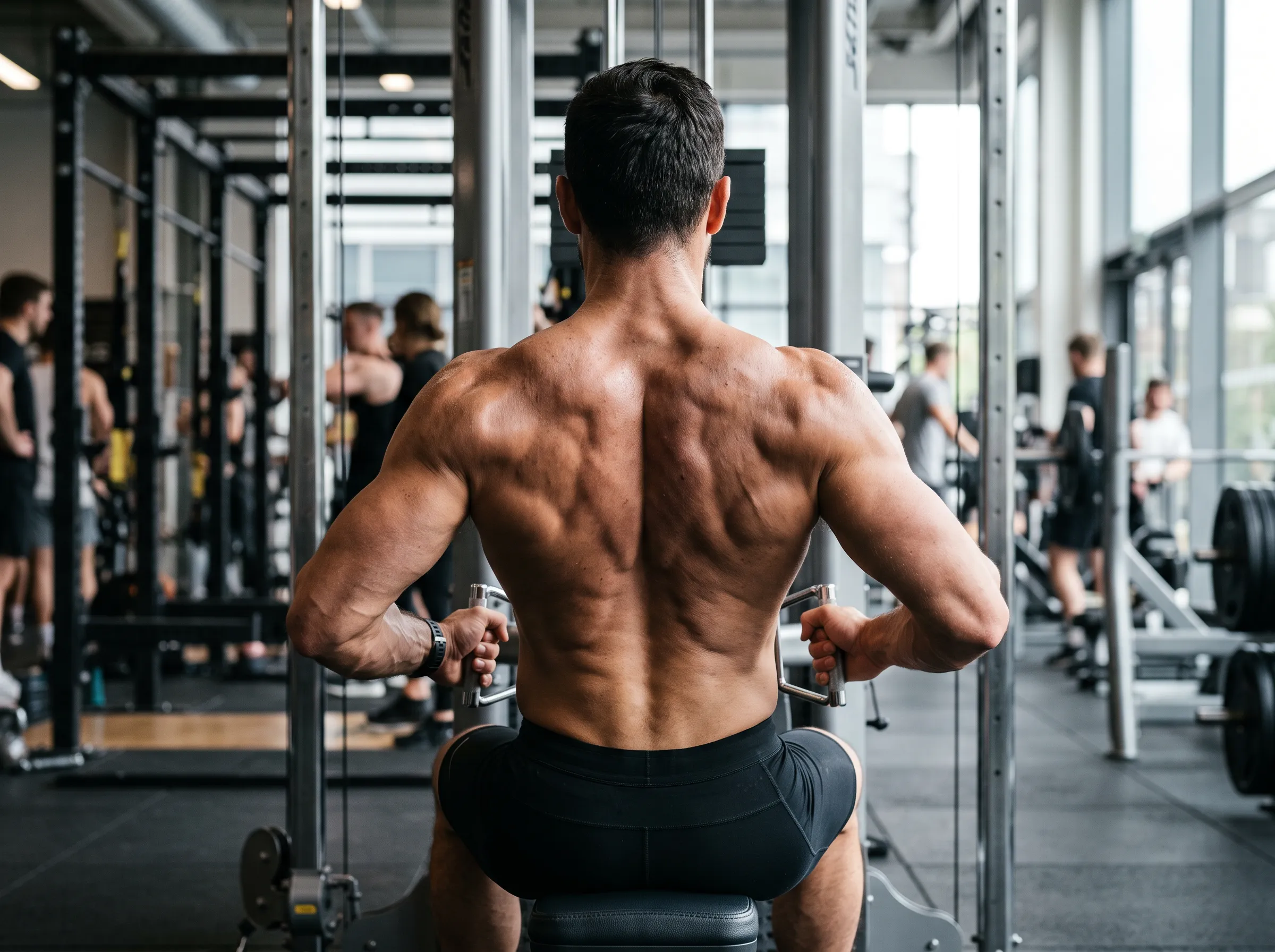 Atleta realizando remo bajo con técnica perfecta en el gimnasio