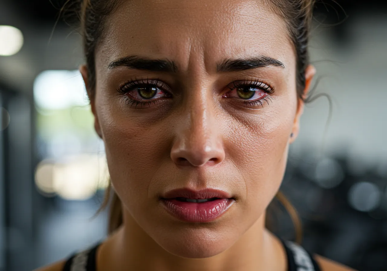 Una persona en ropa deportiva dudando si se puede entrenar con gripe frente a una ventana en un día lluvioso.