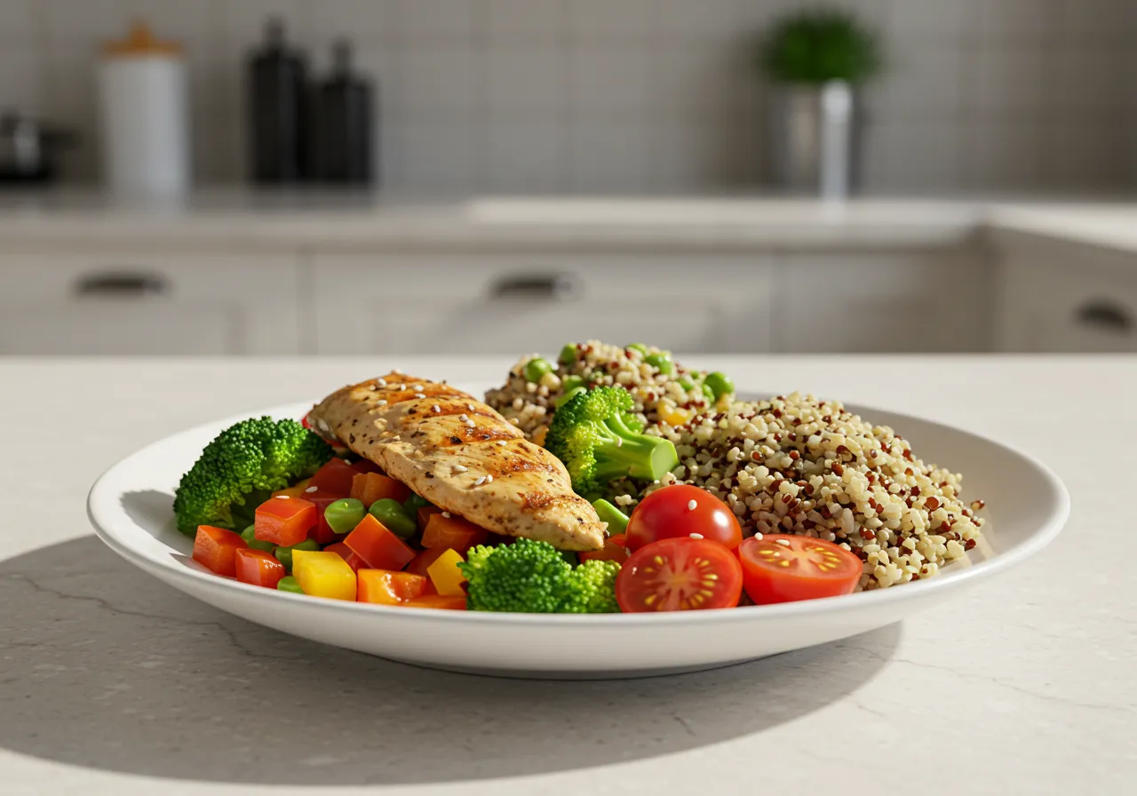 A plate of healthy food next to a water bottle, illustrating what is a caloric deficit through smart food choices.
