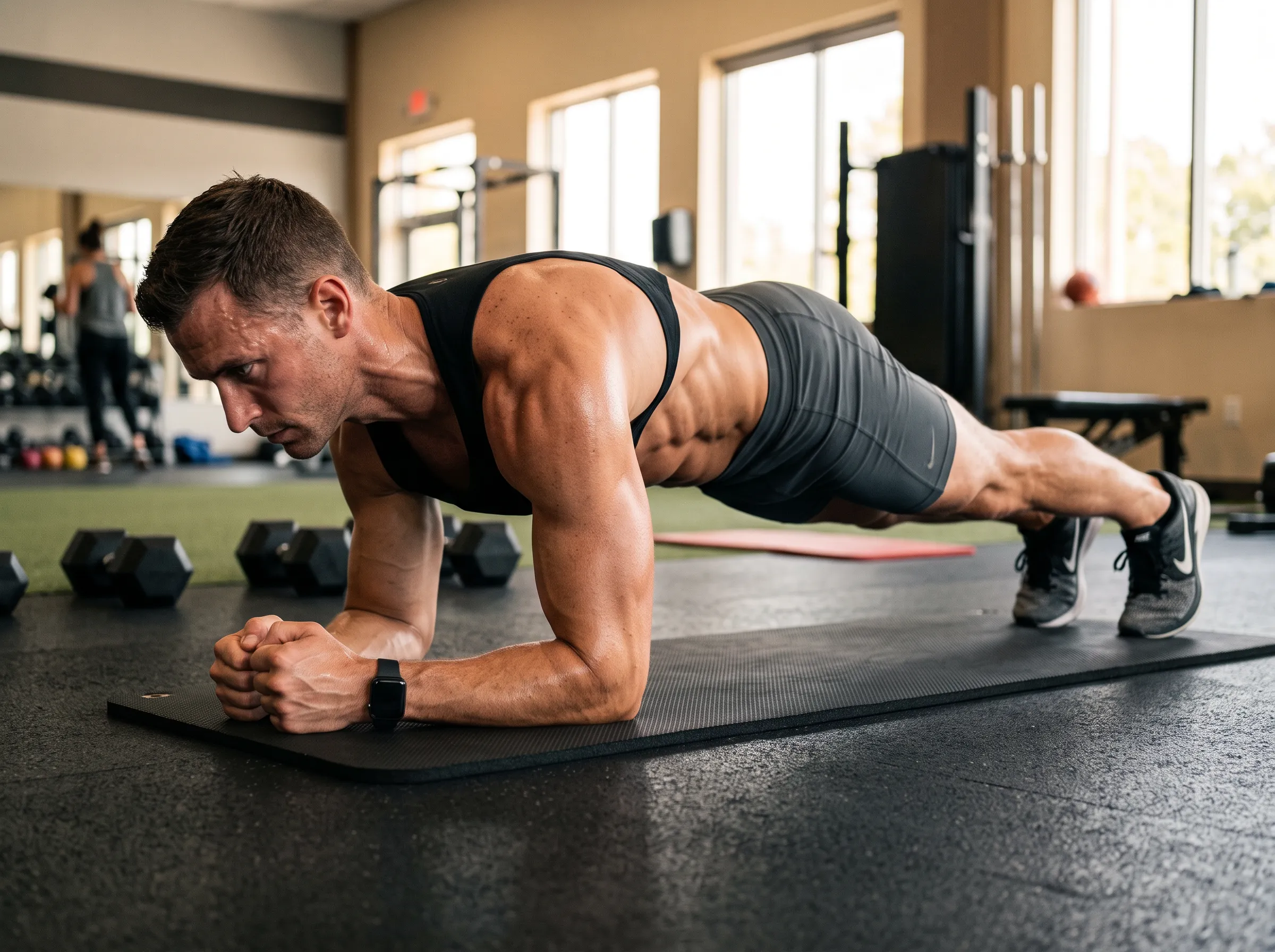 Mujer realizando ejercicios para abdomen en una colchoneta de gimnasio