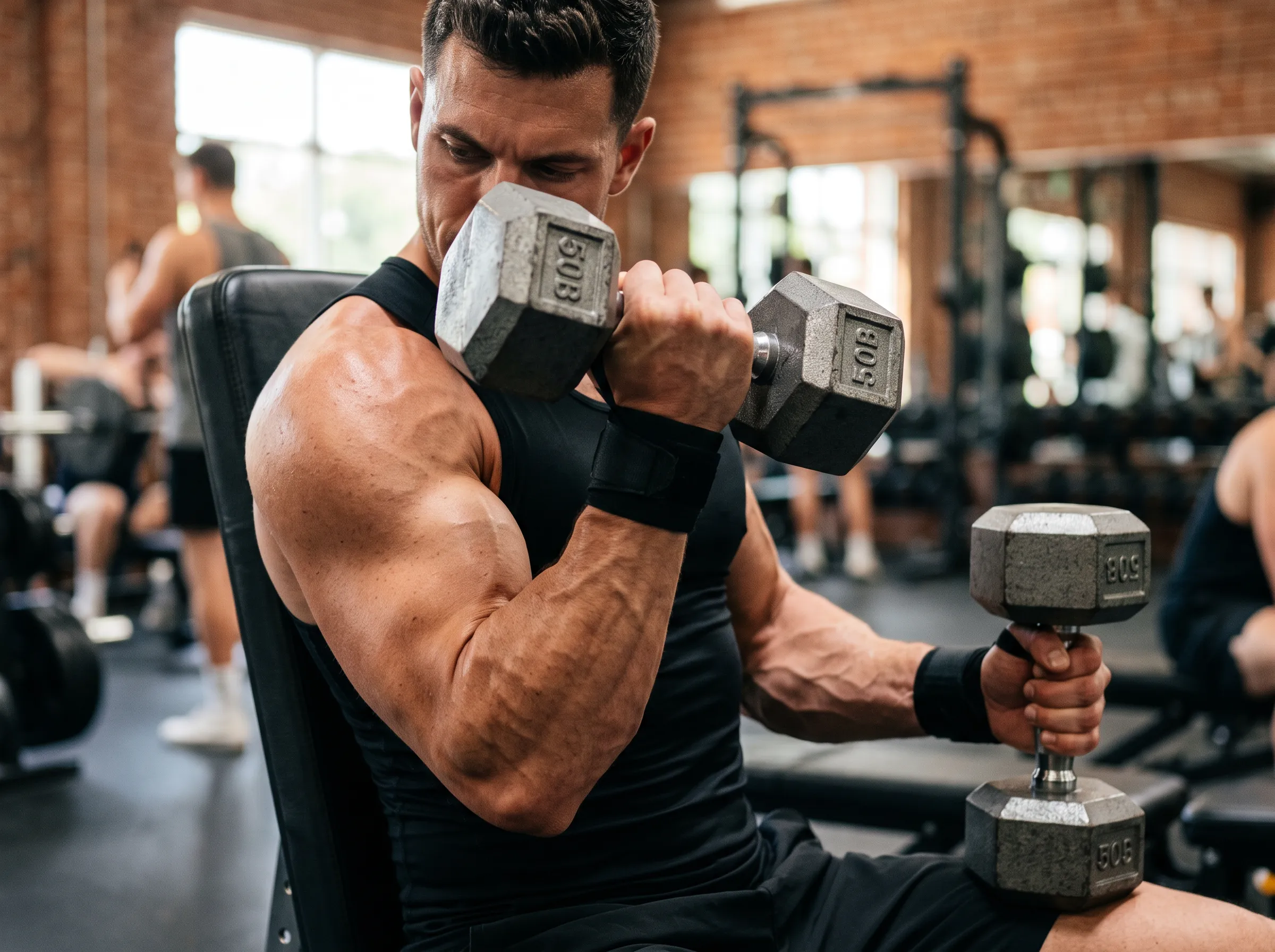 A fitness athlete performing a perfect hammer curl in the gym
