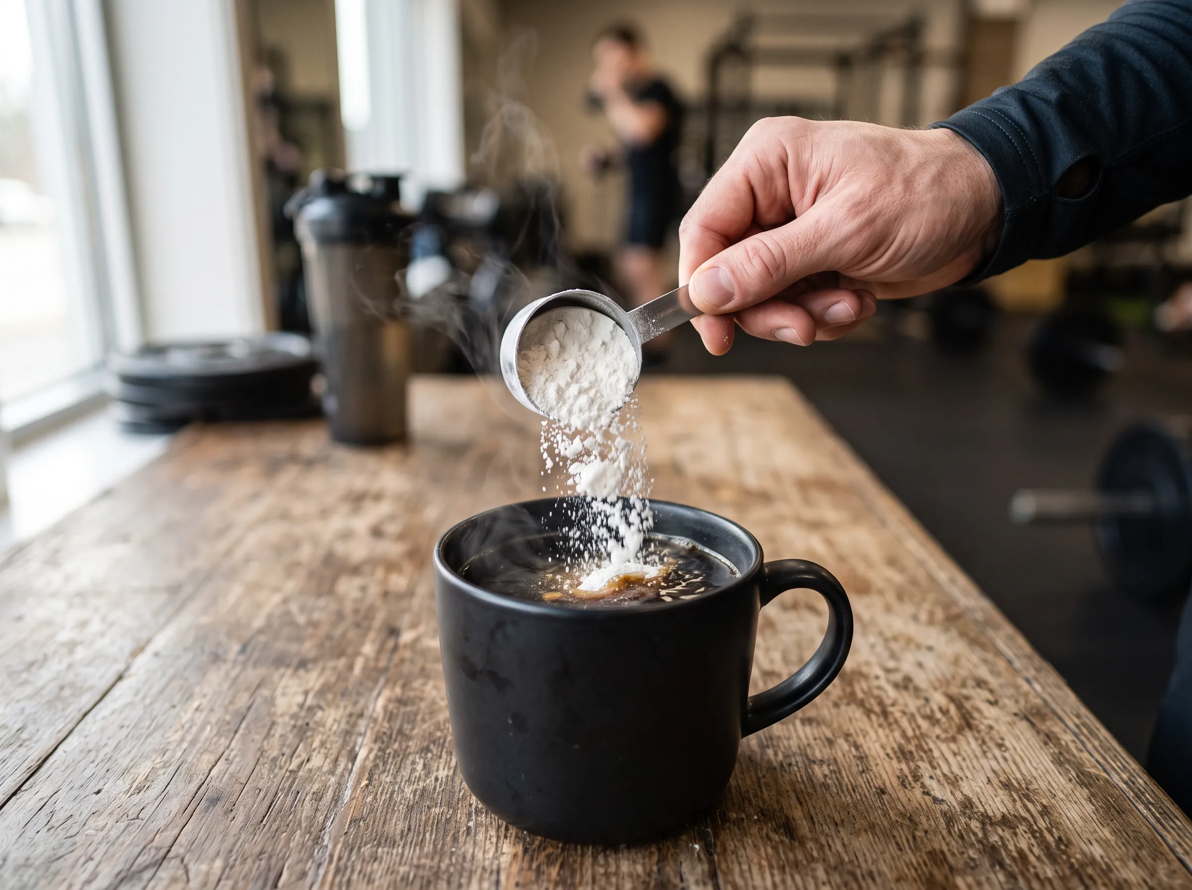A person preparing a pre-workout drink wondering can you take creatine with coffee