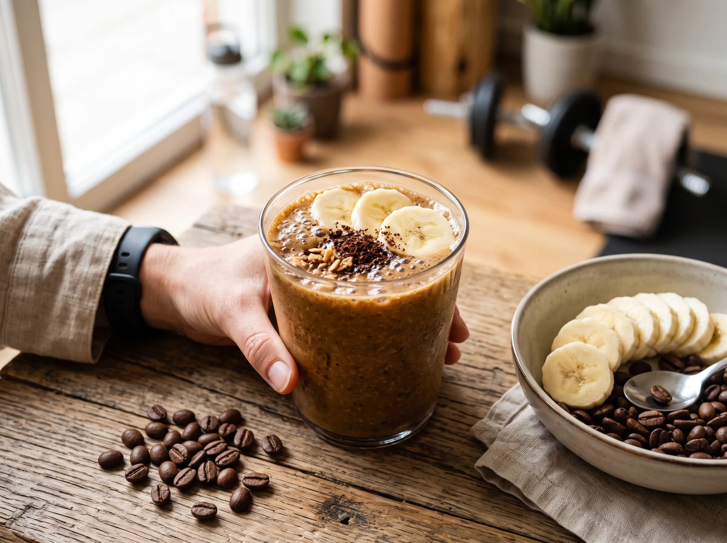 Athlete drinking a natural pre workout shake before a gym session