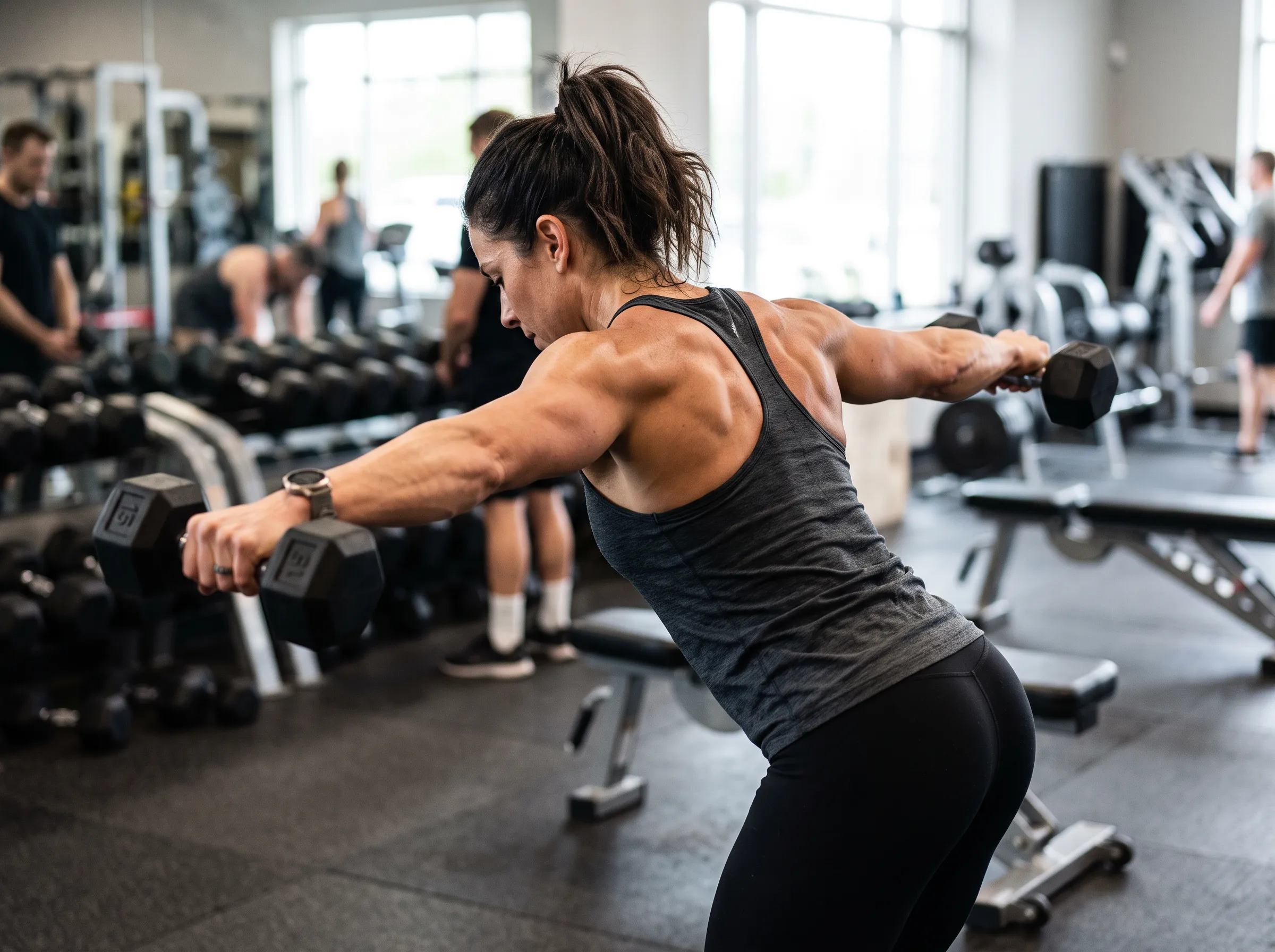 A fitness enthusiast performing posterior shoulder exercises on a cable machine